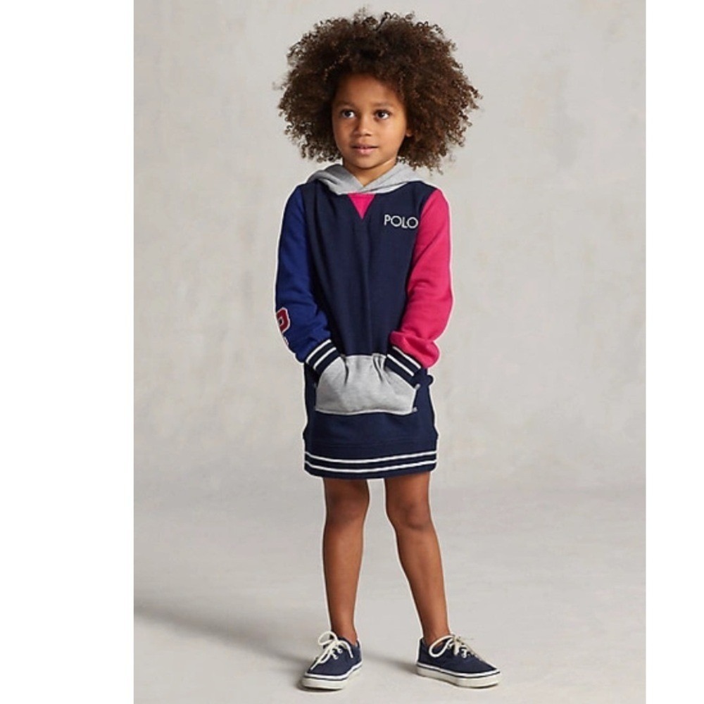 Polo Ralph Lauren Hoodie Dress Girls 6X Navy Pink Blue Colorblock Logo NEW